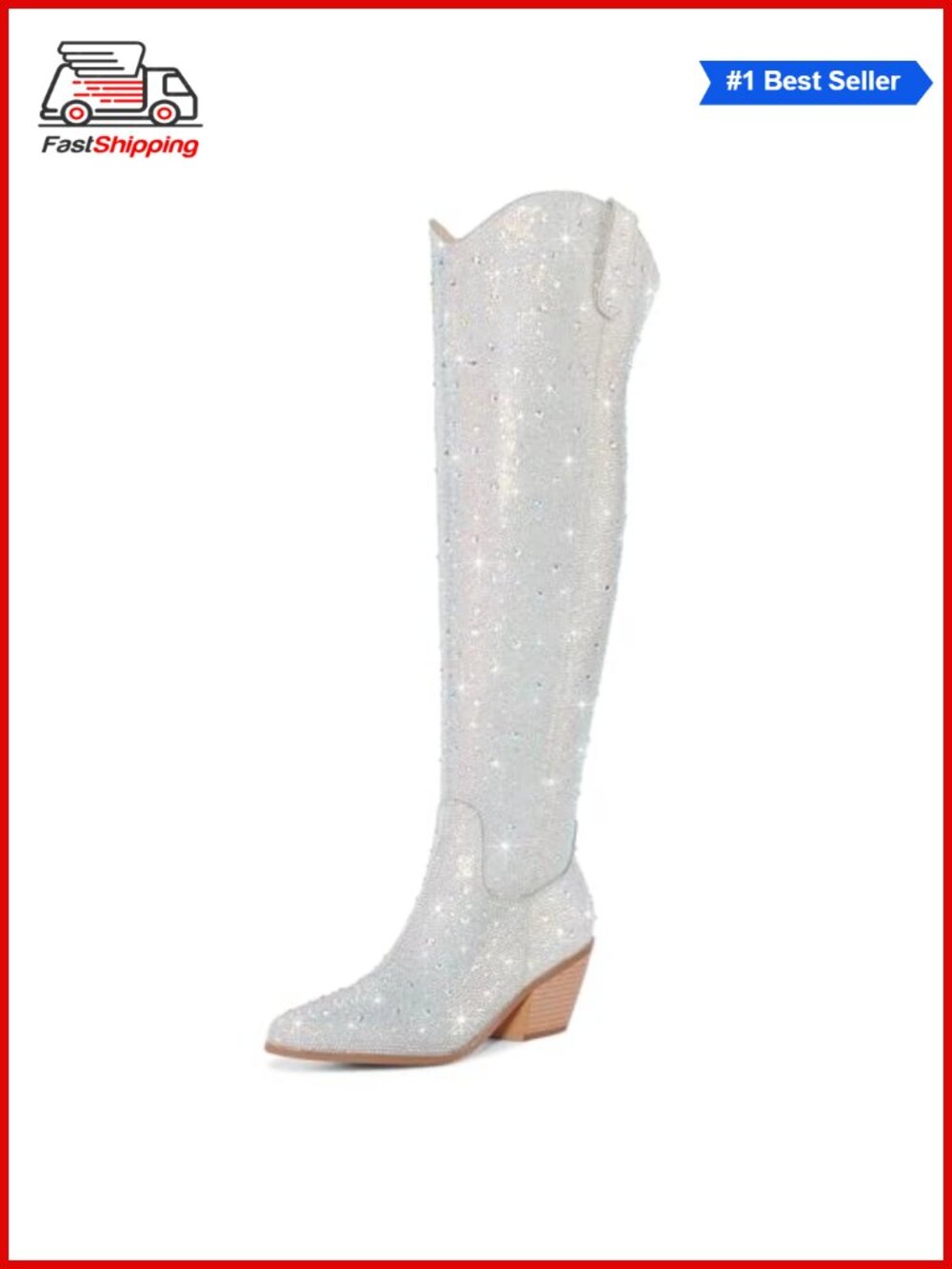 ✨ Rhinestone Over the Knee Cowboy Boots Faux Leather Chunky Heel Western Boots